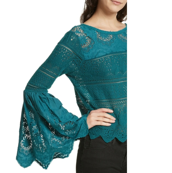 Free People Teal Lace Bell Sleeve Top XS - Picture 2 of 12